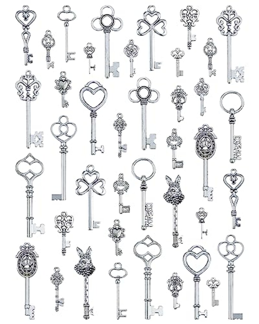 JIALEEY Vintage Skeleton Key Charms, 20 Type of 40PCS Antique Silver Key  Charms for Necklace Pendant DIY Jewelry Making Supplies Wedding Favors